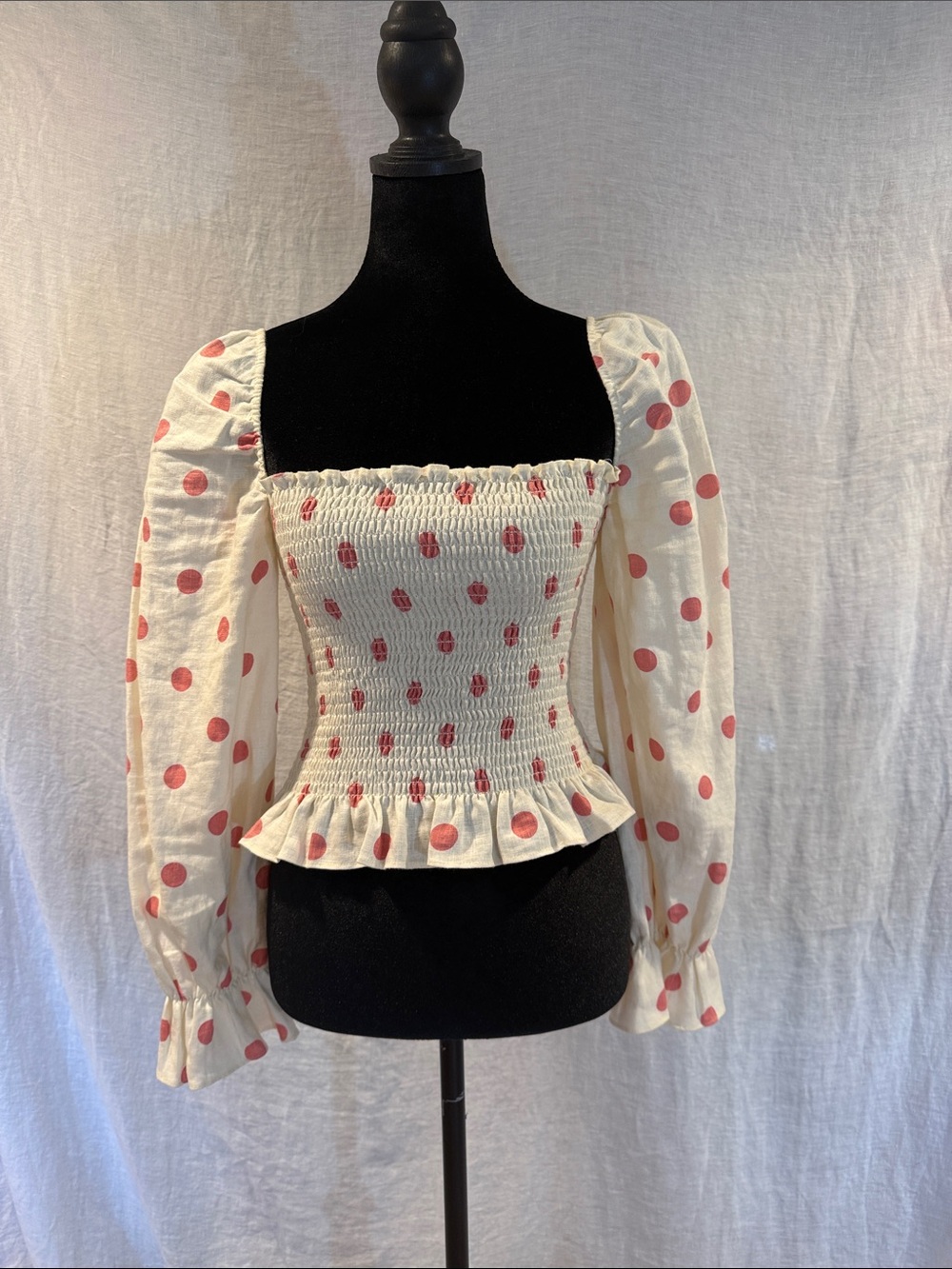 Reformation Pinto Smocked Square-Neck Top with Polka Dots & puff sleeves size S